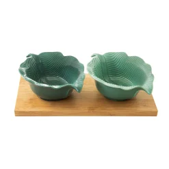 Moderne|Services De Table En Porcelaine​>Easy Life Ensemble apéritif avec plateau en bambou et 2 bols en porcelaine en forme de feuille MADAGASCAR