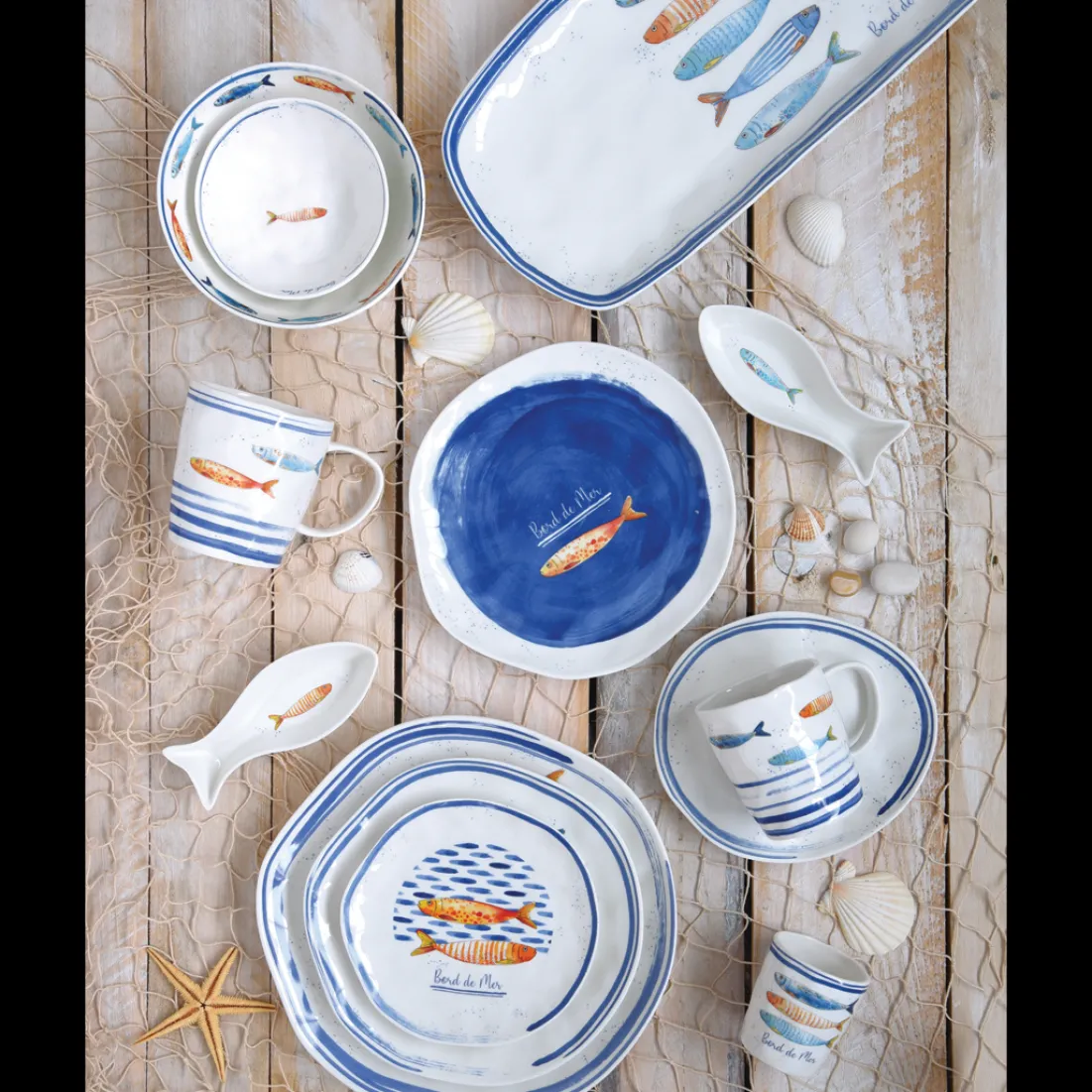 Maritime|Services De Table En Porcelaine>Easy Life Ensemble de 3 bols avec un plateau BORD DE MER