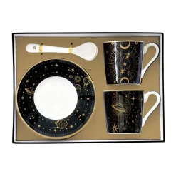 Coffret Cadeau|Petit Dejeuner>Easy Life Ensemble de 2 petites tasses à espresso de 100 ml avec soucoupes et cuillères, dans une boîte cadeau CELESTIAL