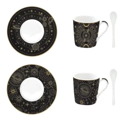 Coffret Cadeau|Petit Dejeuner>Easy Life Ensemble de 2 petites tasses à espresso de 100 ml avec soucoupes et cuillères, dans une boîte cadeau CELESTIAL