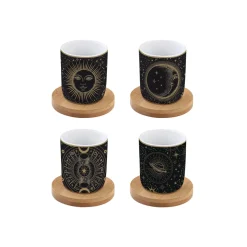 Coffret Cadeau|Petit Dejeuner>Easy Life Ensemble de 4 petits verres à café de 110 ml avec soucoupes en bambou, dans une boîte cadeau CELESTIAL