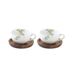 Nature|Petit Dejeuner>Easy Life Ensemble de 2 tasses en porcelaine de 120 ml avec soucoupes en acacia NATURA