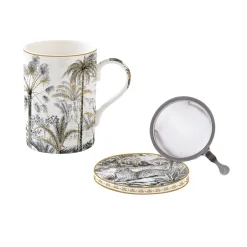 Coffret Cadeau|Moderne>Easy Life Mug et sous-verre en porcelaine fine china avec infuseur, 350 ml RETRO JUNGLE